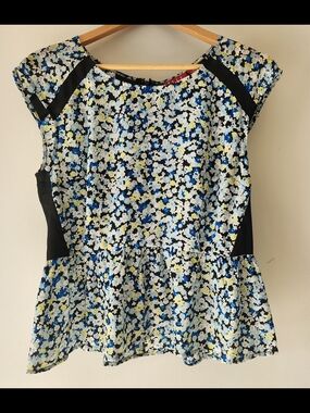 Elle Floral Peplum Blouse in Blue, White & Yellow with Black Panels Sz 10